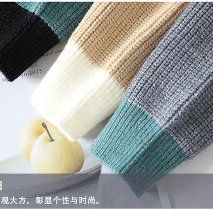 Winter Fashion Sweater Men Patchwork Casual Knit Pullovers Mens Thick Warm Harajuku Loose Knitted Sweaters O-Neck Streetwear Man