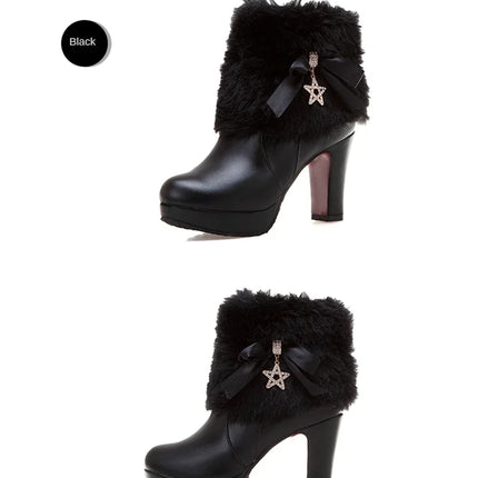 Snow Boots Womens Winter Warm Plush Fashion High Heels Pink White Black Fur Bowt Dress Party Wedding Platform Boots 526-1