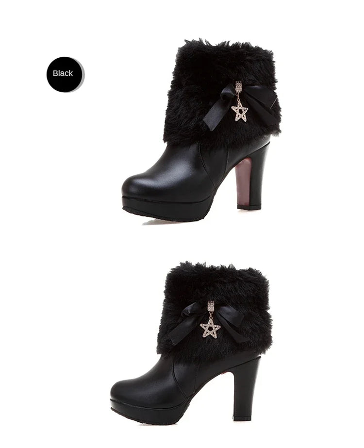 Snow Boots Womens Winter Warm Plush Fashion High Heels Pink White Black Fur Bowt Dress Party Wedding Platform Boots 526-1