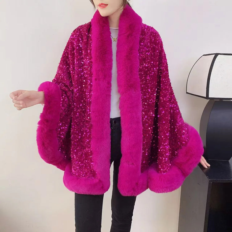 ZADORIN Fashion Sequins Long Furry Warm Faux Fur Coat Woman Autumn Winter Fur Cape Ponch Wedding Party Fur Shawl Cloak Cardigans