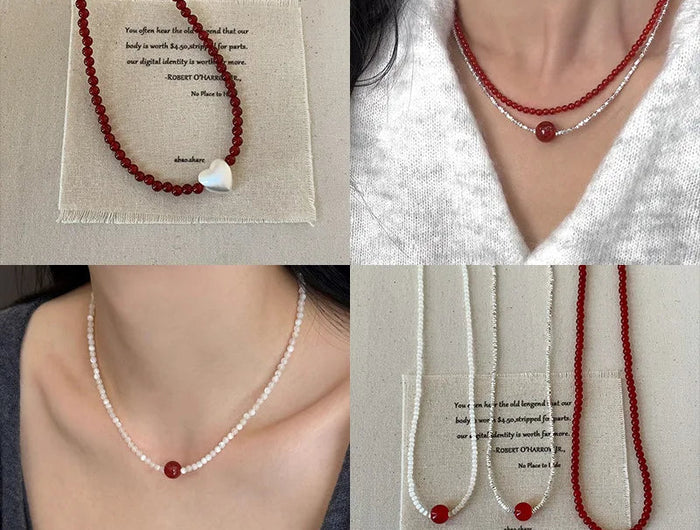 Minar French Silver Water Wave Chain Red Agate Beads Heart Beaded Pendant Necklaces for Women Gold Silver Plated Sweater Chain PlatiNum