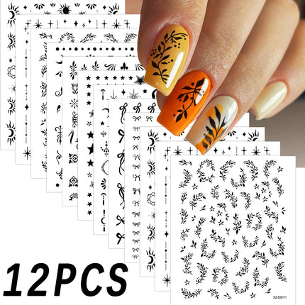 12Pcs 3D Laser Silver Star Ribbon Nail Stickers Y2K Stars Moon Sun Self-Adhesive Slider Exquisite Flower Leaf DIY Manicure Decal
