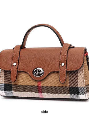 Borsa Mini Boston a Righe e Quadri in Tessuto con Finiture in Ecopelle, Chiusura a Giro e Torsione, Design con Patta, Borsa a Mano da Donna, a Tracolla, Portamonete