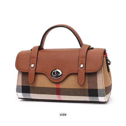 Borsa Mini Boston a Righe e Quadri in Tessuto con Finiture in Ecopelle, Chiusura a Giro e Torsione, Design con Patta, Borsa a Mano da Donna, a Tracolla, Portamonete
