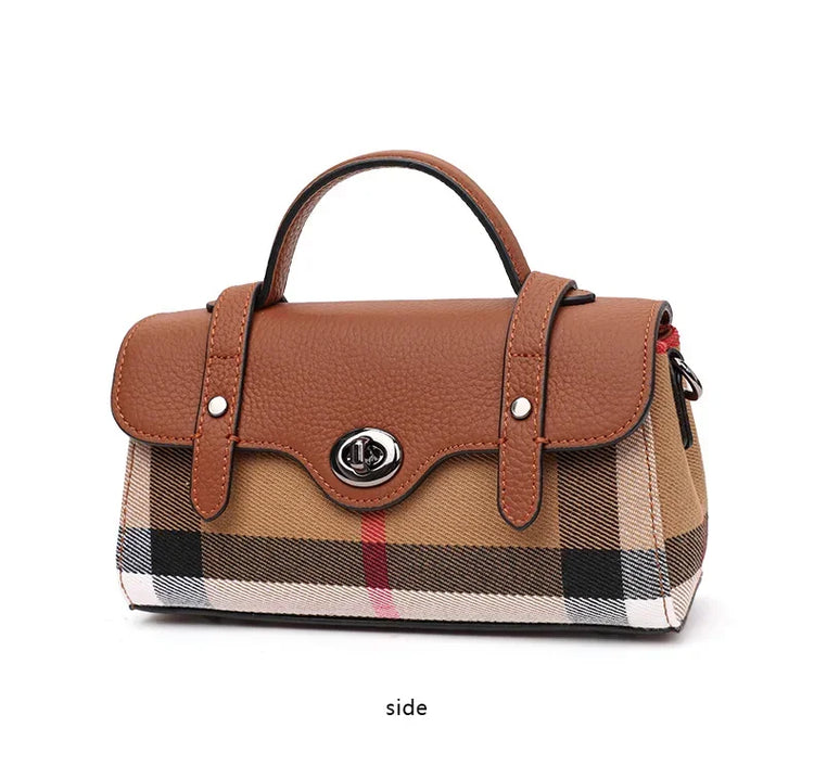 Borsa Mini Boston a Righe e Quadri in Tessuto con Finiture in Ecopelle, Chiusura a Giro e Torsione, Design con Patta, Borsa a Mano da Donna, a Tracolla, Portamonete