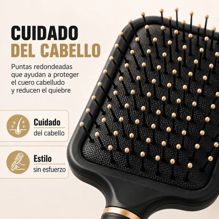 Set of 4 Professional Hairbrushes for Detangling and Styling, Set of Pneumatic and Skeleton Brushes for Straight, Curly or Wavy Hair, Black with Gold