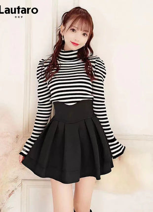 Minigonna a balze Lautaro Primavera Estate Nera Dolce Carina Kawaii a Vita Alta da Donna, Abbigliamento Cutecore Stile Giapponese Moda
