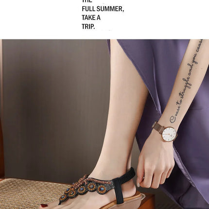 New 2026 Women's Summer Bohemian Style Sandals, Flip-Flop Design with Beaded and Rhinestone Buckle, Elastic Heel Strap, Comfortable Everyday Shoes