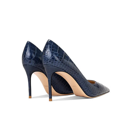 2025 New Blue Crocodile Leather High Heels Women Pointed Toe Stiletto Elegant Office Shoes