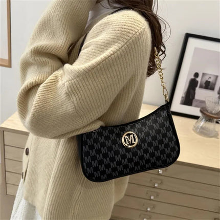 Vintage Style Handbag Crossbody Bag, Gold Letter 'M' Design Pu Leather Shoulder Messenger Bag, Synthetic Leather Tote Bag, Purse PlatiNum