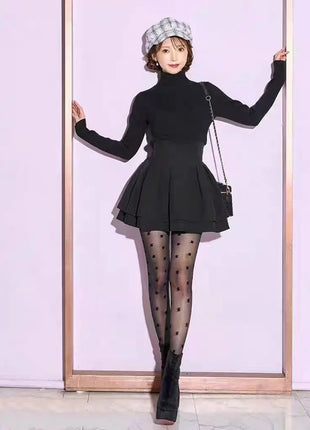Minigonna a balze Lautaro Primavera Estate Nera Dolce Carina Kawaii a Vita Alta da Donna, Abbigliamento Cutecore Stile Giapponese Moda