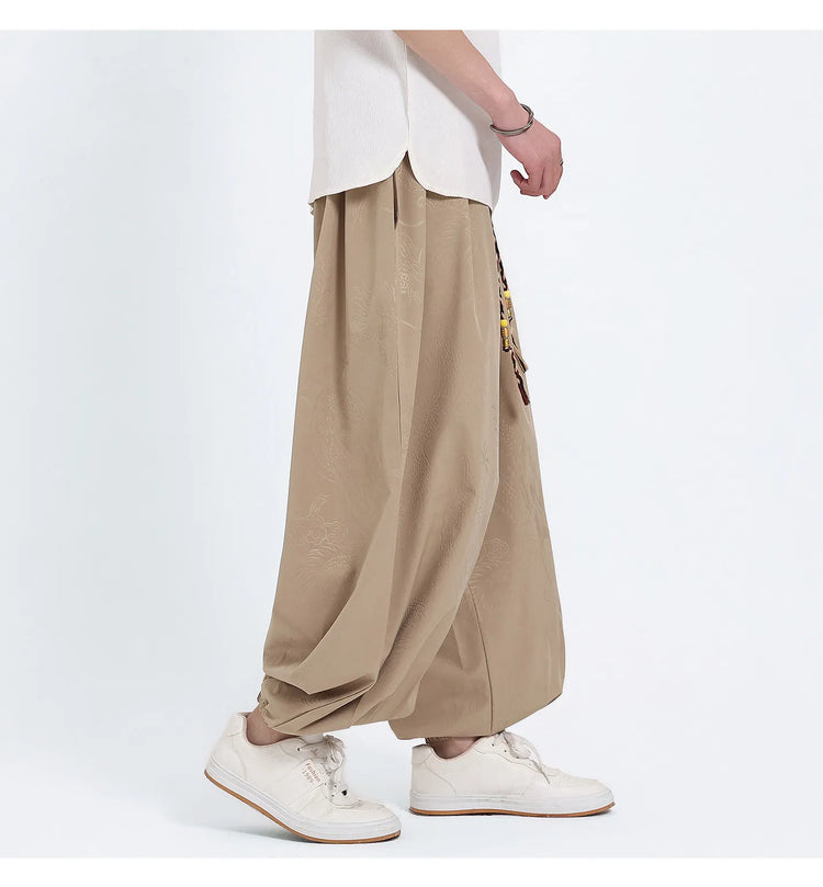Pantaloni Estivi da Uomo Stile Cinese in Seta Ghiaccio con Motivo Drago Ukiyo-e, Comodi e Trendy, Pantaloni Casual Oversize da Uomo