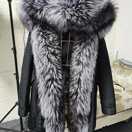 Winter Long Jacket Real Fur Coat Women Clothes Large Silver Fox Fur Collar Detachable Natural Fox Lining Parkas Leather Fur