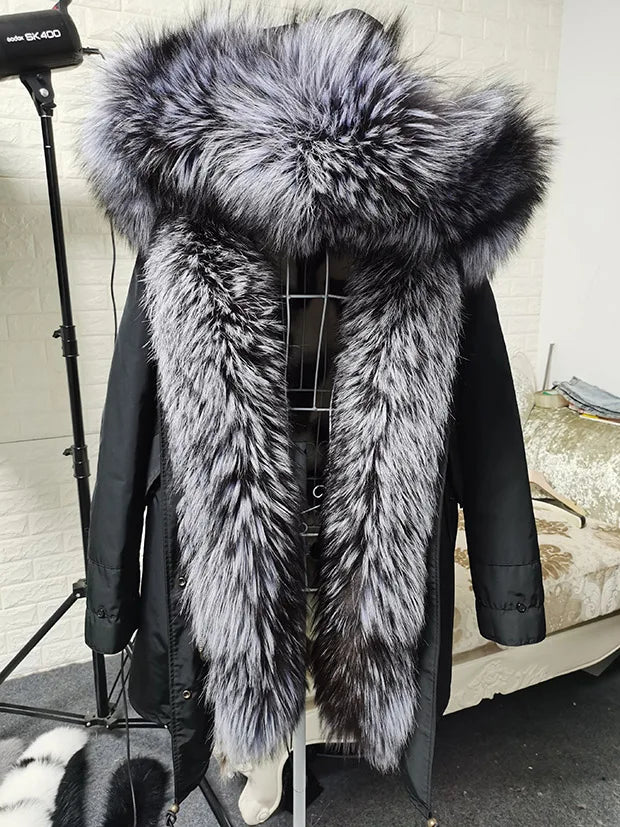 Winter Long Jacket Real Fur Coat Women Clothes Large Silver Fox Fur Collar Detachable Natural Fox Lining Parkas Leather Fur