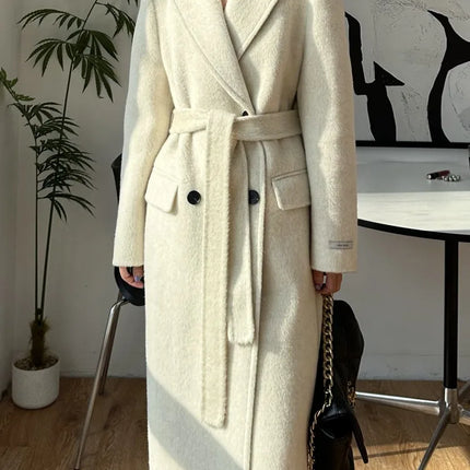 High-end White Thick Double-sided Wool Cashmere Coat Long Women Fashion Casual Loose Lapel Lace-up Woolen Jacket Autumn Winter