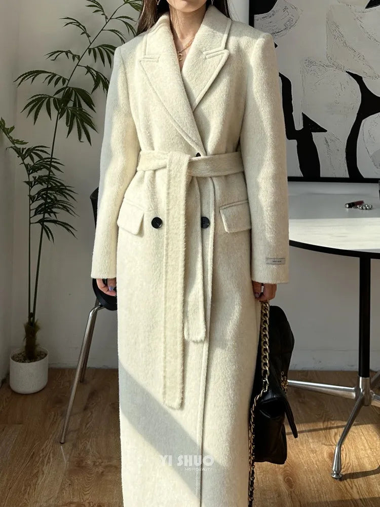 High-end White Thick Double-sided Wool Cashmere Coat Long Women Fashion Casual Loose Lapel Lace-up Woolen Jacket Autumn Winter