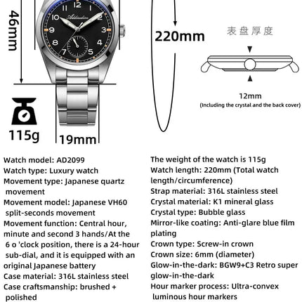 ADDIESDIVE 36mm Men's VH60 Quartz Watch BGW9 Night Light Bubble Glass 100m Waterproof Stainless Steel Men's Simple Watch AD2099