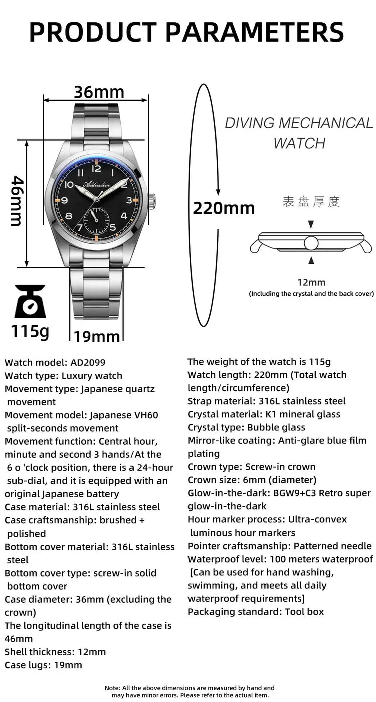 ADDIESDIVE 36mm Men's VH60 Quartz Watch BGW9 Night Light Bubble Glass 100m Waterproof Stainless Steel Men's Simple Watch AD2099