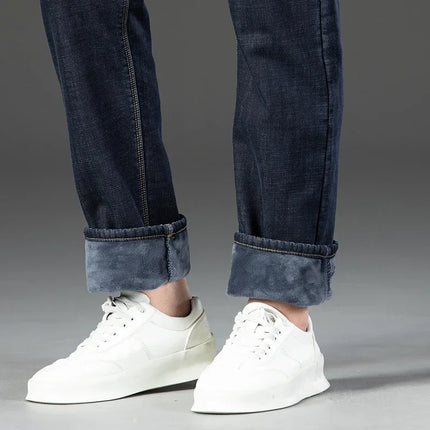 2026 New Jeans Brand Autumn Winter Jeans Warm Flocking Warm Soft Men Activities Warm Fleece Pants Men Jeans Black Blue Colors