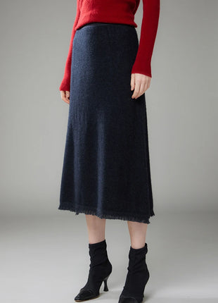 Women Cashmere A-Line Tassel Skirt High Waist Office Lady Retro Autumn Winter 100% Cashmere Knitwear Graceful Regular Fit Dress