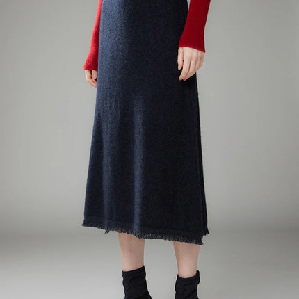 Women Cashmere A-Line Tassel Skirt High Waist Office Lady Retro Autumn Winter 100% Cashmere Knitwear Graceful Regular Fit Dress PlatiNum