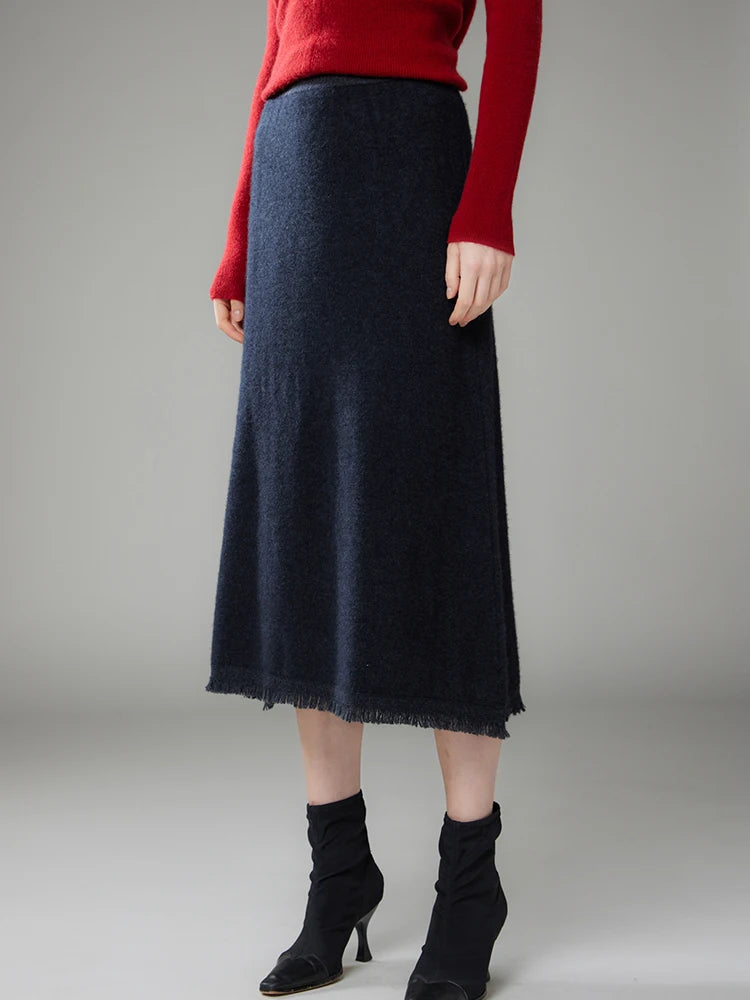 Women Cashmere A-Line Tassel Skirt High Waist Office Lady Retro Autumn Winter 100% Cashmere Knitwear Graceful Regular Fit Dress PlatiNum