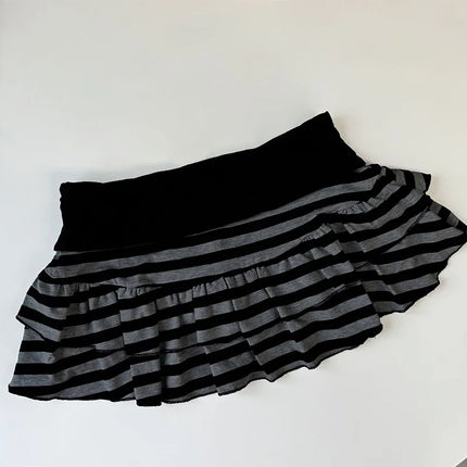 2026 Sommer Neue Damenmode Y2K Grunge Schwarz Grau Gestreifter Rüschen-Minirock Hohe Taille Elastischer Bund Schmaler A-Linien-Rock