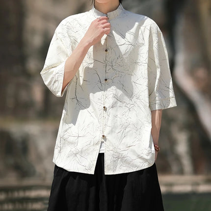 Camicia stile cinese da uomo lamina d'oro elegante vestibilità ampia camicie a maniche lunghe ispirate all'annata camicette sottili estive casual abbigliamento da uomo
