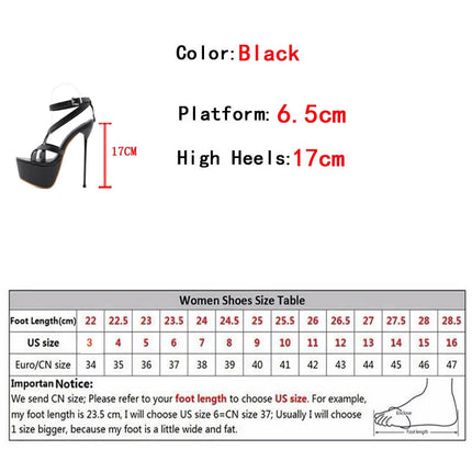 Liyke Summer Sexy 17CM Women Platform Sandals Fashion Open Toe Buckle Strap Super Thin High Heels Stripper Pole Dance Shoe Black PlatiNum