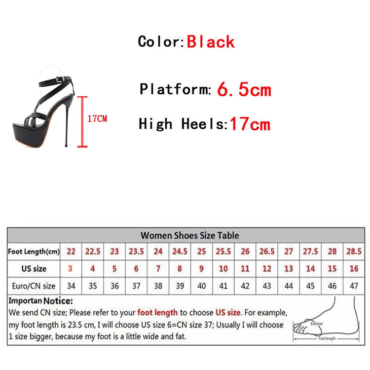 Liyke Summer Sexy 17CM Women Platform Sandals Fashion Open Toe Buckle Strap Super Thin High Heels Stripper Pole Dance Shoe Black PlatiNum