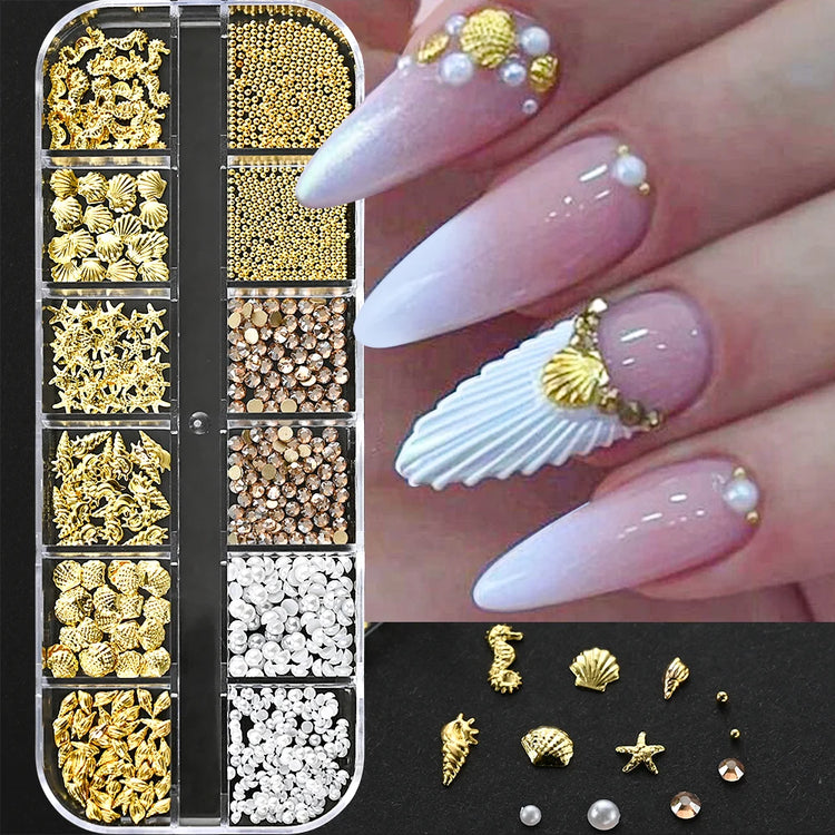 Ocean Starfish Shell Nail Charms Golden Silver Metal Nail Art Decoration 3D Nail Rivet Metallic Slice DIY Manicure Nail PartsY2K
