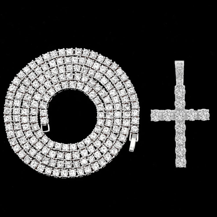 Hip Hop Iced Out Cross Pendant Necklace Strap 4mm Zircon Tennis Chain Men Women Sparkling Necklace Punk Jewelry Fashion Gift PlatiNum