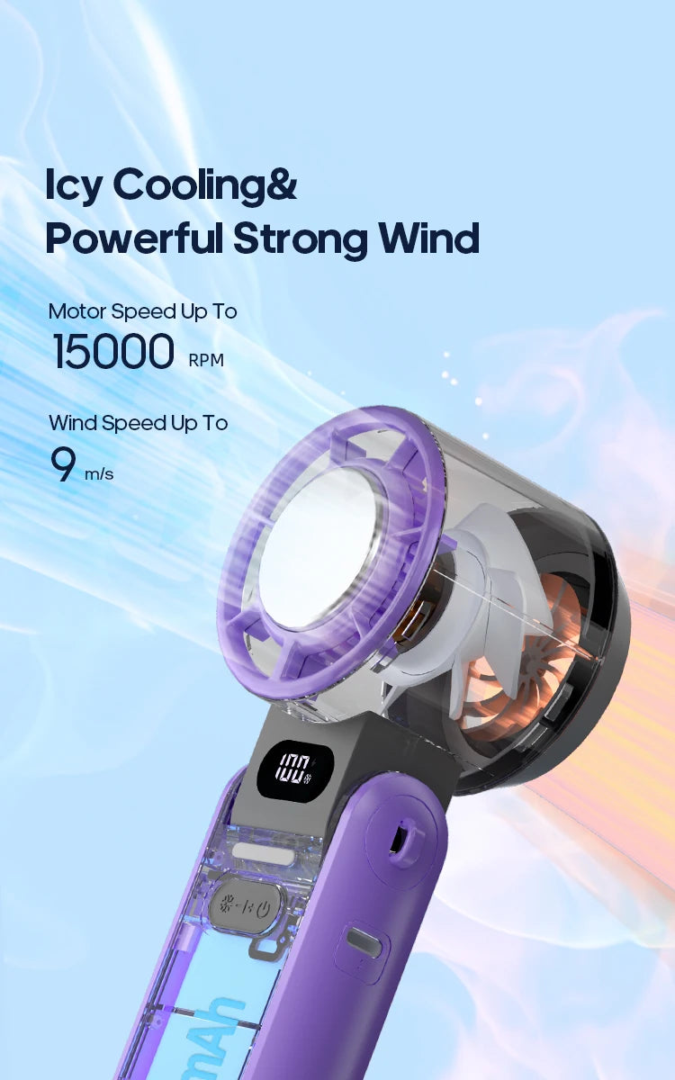 Ventilatore Portatile ad Alta Velocità con Raffreddamento Rapido, Ricaricabile 3600mAh, 100 Velocità Regolabili, Mini Ventilatore Pieghevole Turbo e Cordino