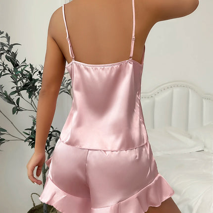 Pigiama semplice in raso con maniche lunghe, abito con cintura, scollo a V, top e pantaloncini, pigiama da donna