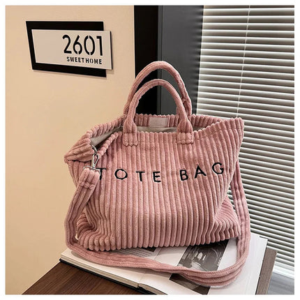 Simple Letter Soft Corduroy Shoulder Bags for Women Versatile Large Capacity Ladies Crossbody Bag Portable Female Handbags Tote PlatiNum