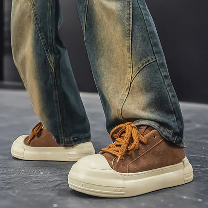 Toe Thick Sole Platform Men Sneakers Lace Up Patchwork Fashion New Trend Casual Trainer Shoes Thick Bottomed All Season