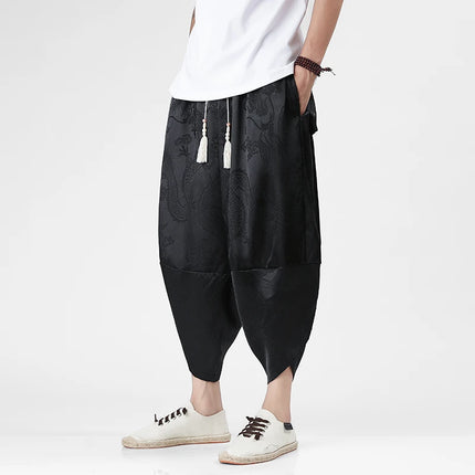Pantaloncini in Seta Ghiaccio da Uomo, Stile Cinese, Estivi, Comodi, Pantaloni Harem Vintage Traspiranti, Tinta Unita, Lunghezza al Polpaccio