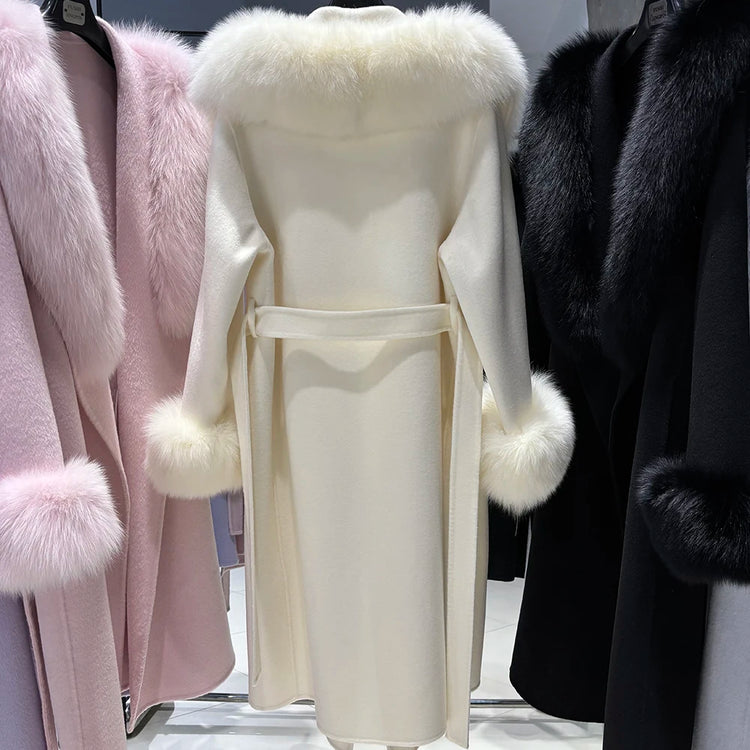 YOLOAgain Women's 100% Wool Coat Long With Detachable Real Fox Fur Collar 2025 Autumn Elegant Double-Sided Wool Coat