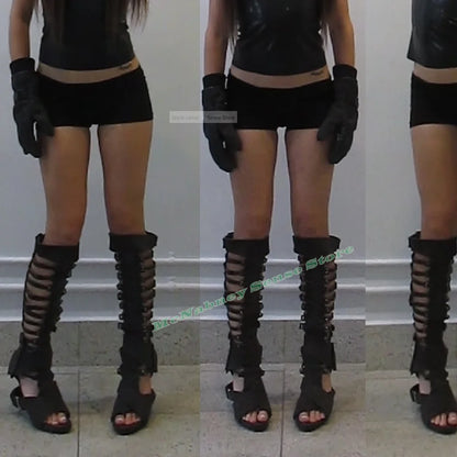 Straps Hollow Knee High Sandals Open Toe Stiletto Heels Buckles Sexy Style Sandals Women Shoes Solid Stiletto Heels Summer Shoes