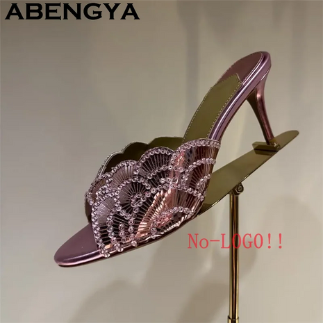 2026 Summer Trendy New Shiny Fish Mouth Toe Sexy Stiletto Sandals Woman Quality Sequined Thin High Heel Slippers for Women Shoes PlatiNum