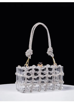 Classic 2025 Acrylic Box Bag with Woven Diamond Rope Handheld Evening Women's Bag Transparent Dinner Handbag European Style PlatiNum