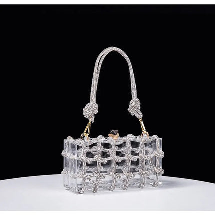 Classic 2025 Acrylic Box Bag with Woven Diamond Rope Handheld Evening Women's Bag Transparent Dinner Handbag European Style PlatiNum