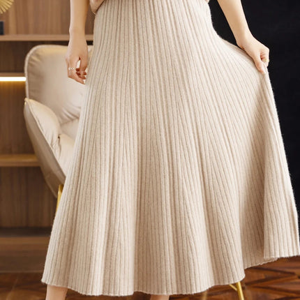 Elegant Women's Pleated Skirt 100% Merino Wool Skirt A-Line Long Skirt Soft Warm Autumn Winter Dress Slim Elastic Waist Office PlatiNum