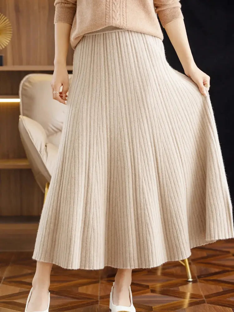 Elegant Women's Pleated Skirt 100% Merino Wool Skirt A-Line Long Skirt Soft Warm Autumn Winter Dress Slim Elastic Waist Office PlatiNum