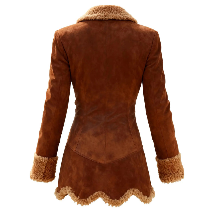 Women's Vintage Suede Coat Fur Collar Lapel  Beggar Style