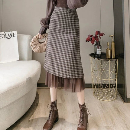 Woolen plaid skirt autumn and winter 2025 new plaid foreign style small man a word hip wrap medium and long skirt PlatiNum