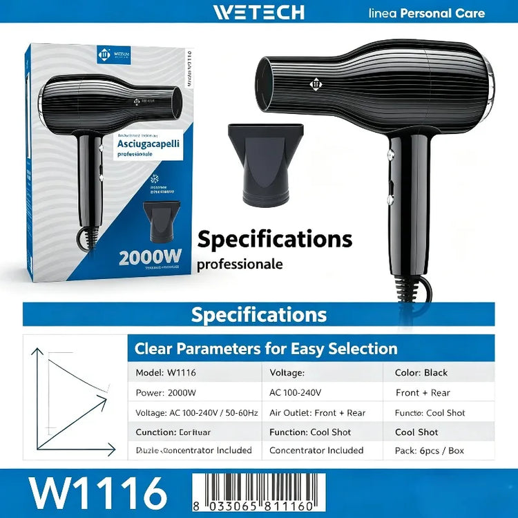 WETECH 2000W Professional Hair Dryer Salon High Power Blow Dryer With Concentrator Nozzle Cool Shot Function Fast Drying Household Hair Styling Tool