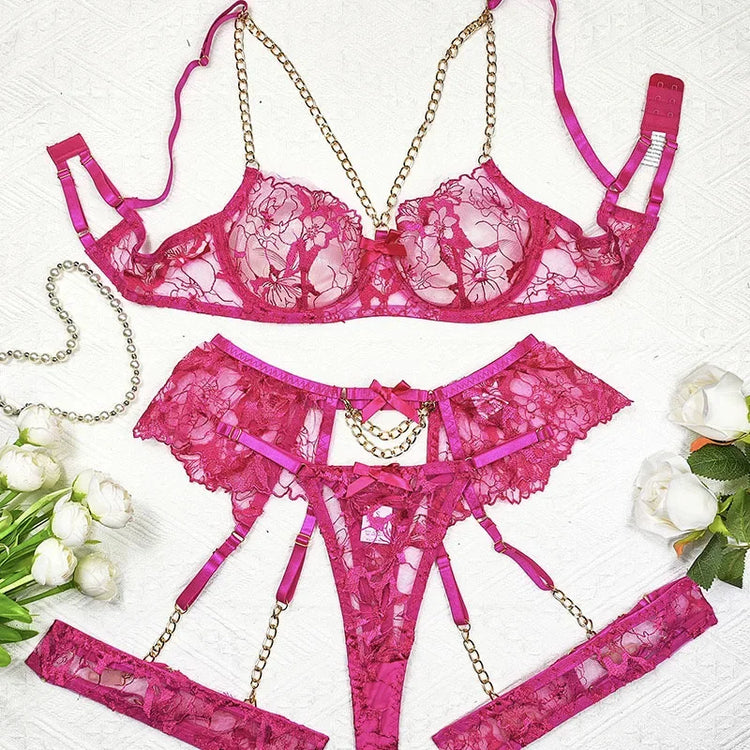 Sexy Clothes Women Lingerie Hot Fashion Chain Embroidery Sexy Perspective Hollow 3-point Lingerie Hot Lingerie Women