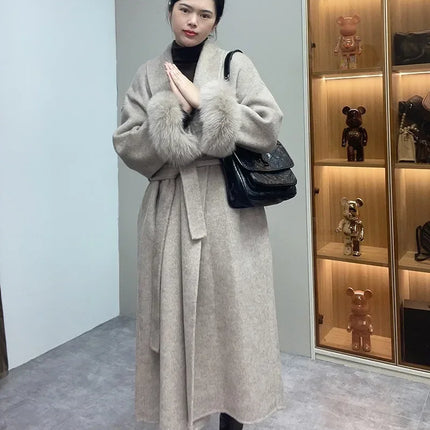 High End Double-sided Wool Strapping Real Wool Fur Coat Women's Removable Cuffs Fox Fur Temperament Cashmere Short Jacket
