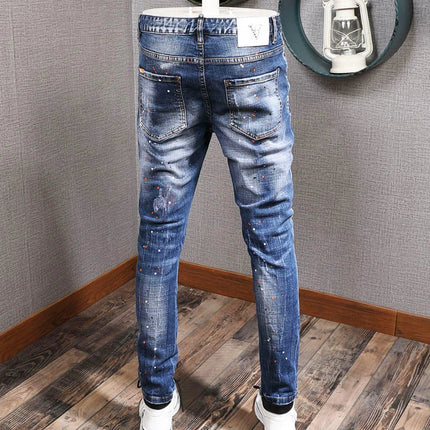 Fashion Streetwear Men Jeans Retro Black Blue Elastic Slim Fit Ripped Jeans Men Spliced Designer Embroidery Hip Hop Denim Pants PlatiNum